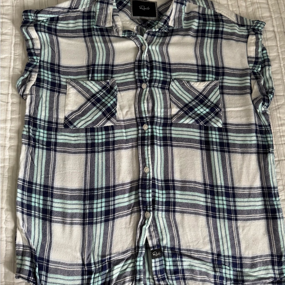 Rails Blue and White Plaid Sleeveless Shirt